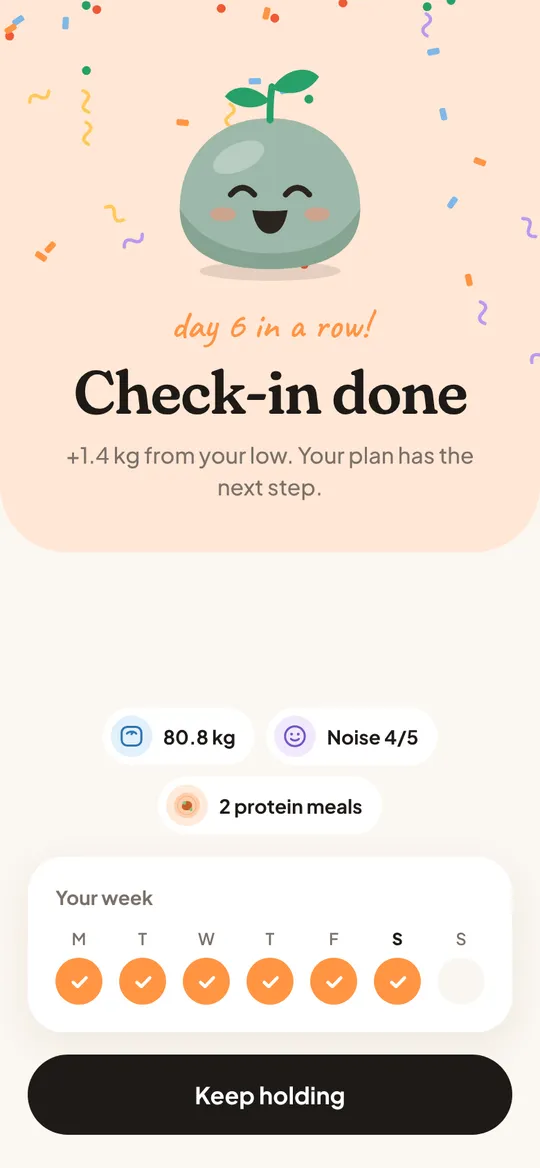 The check-in done screen with a cheering Pip, confetti and this week's dots.