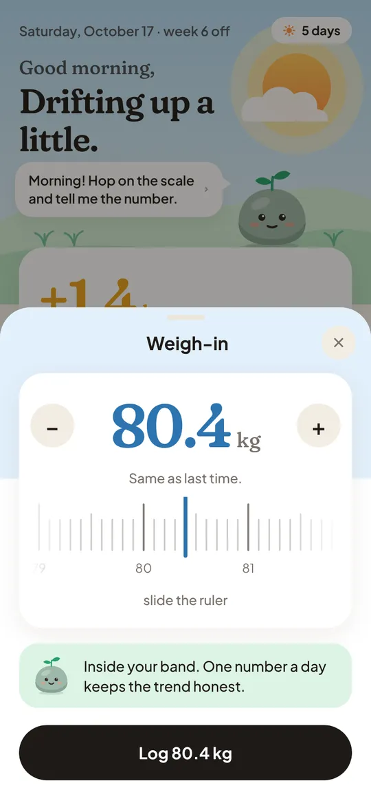 The weigh-in sheet with a slide ruler set to 80.4 kg.